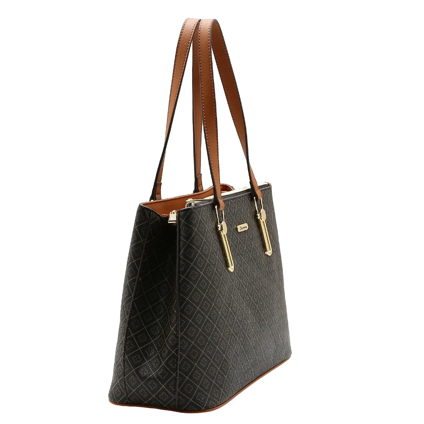 Bolsa feminina Chenson ombro Monograma na cor café, vista lateral mostrando profundidade e alças reforçadas